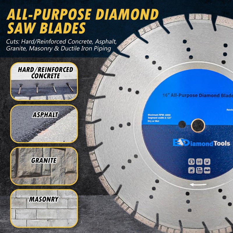 EDiamondTools 16" All Purpose Diamond Saw Blades for Hard/Reinforced Concrete, Asphalt, Granite, Terrazzo, Ductile Iron Piping, 5-5/8" Cutting Depth, 1" Arbor - Image 2